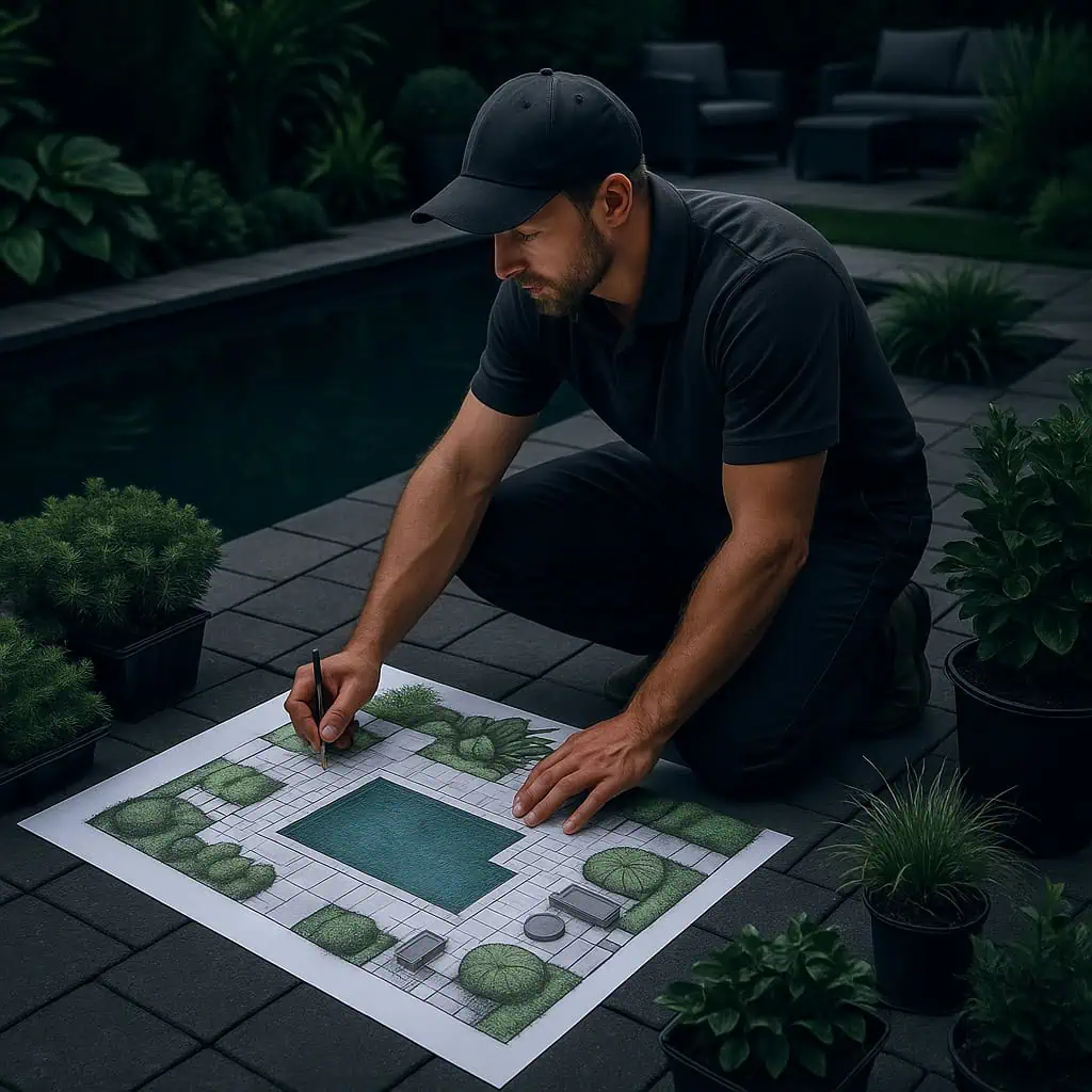 Landscaper working on a landscaping drawing.