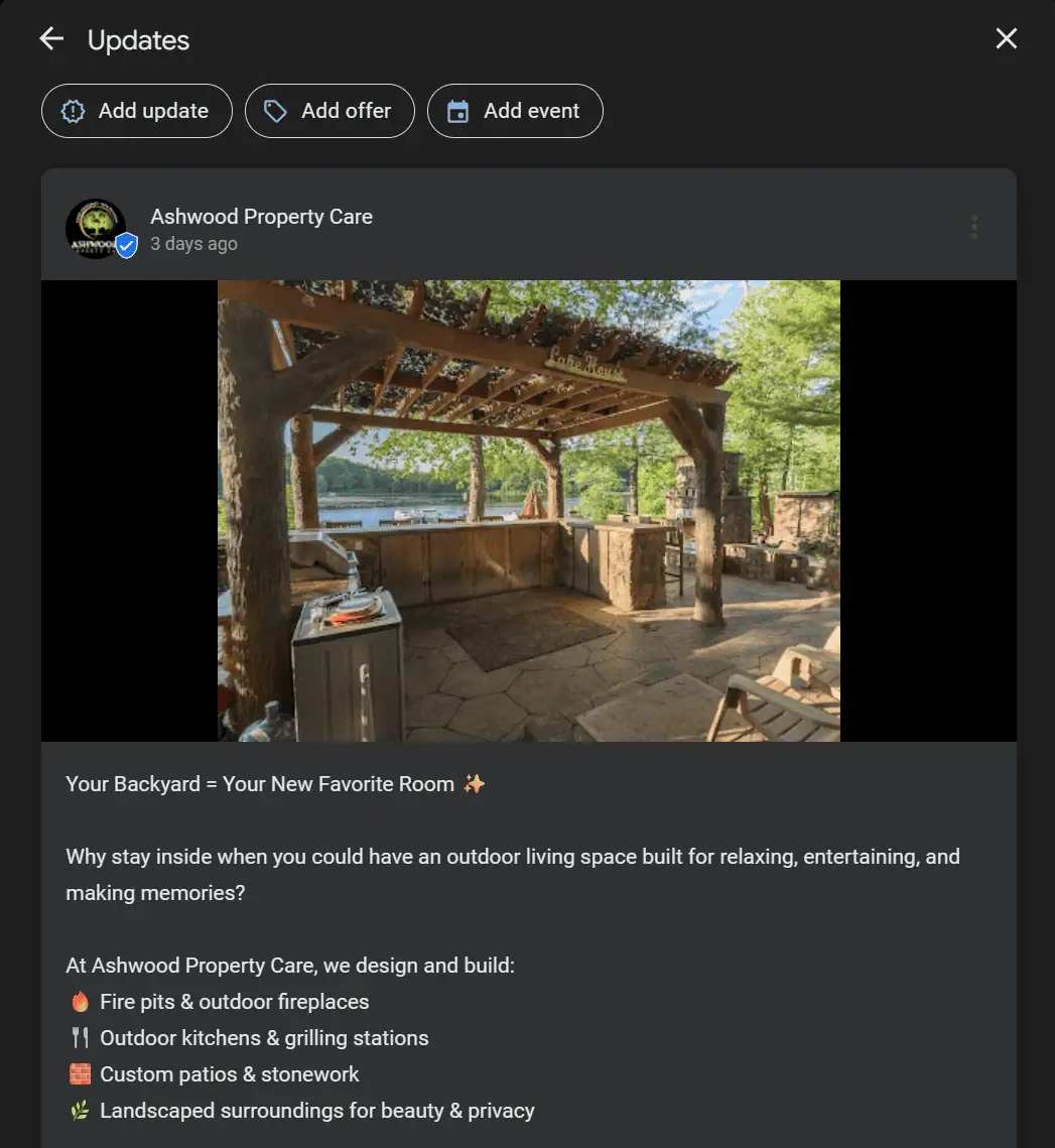 A GBP post for Ashwood Property Care promoting outdoor living.