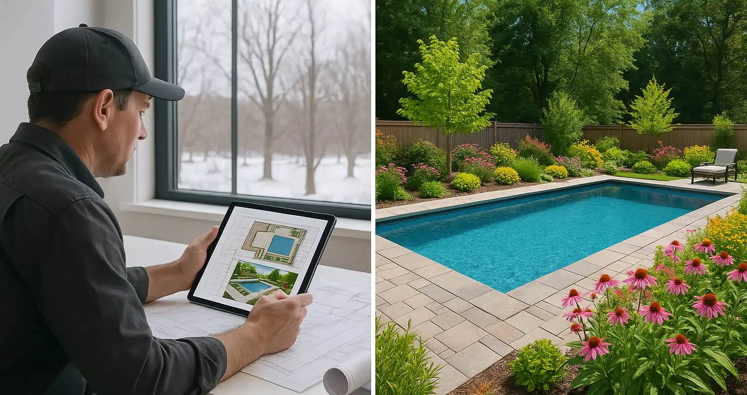 Winter planning session leading to successful spring pool installation.
