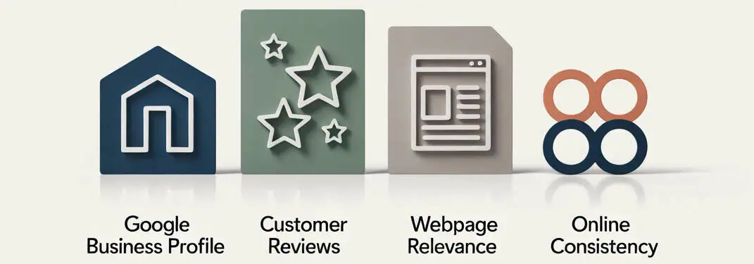 The four pillars of local SEO include Google Business Profile, customer reviews, webpage relevance, and online consistency.
