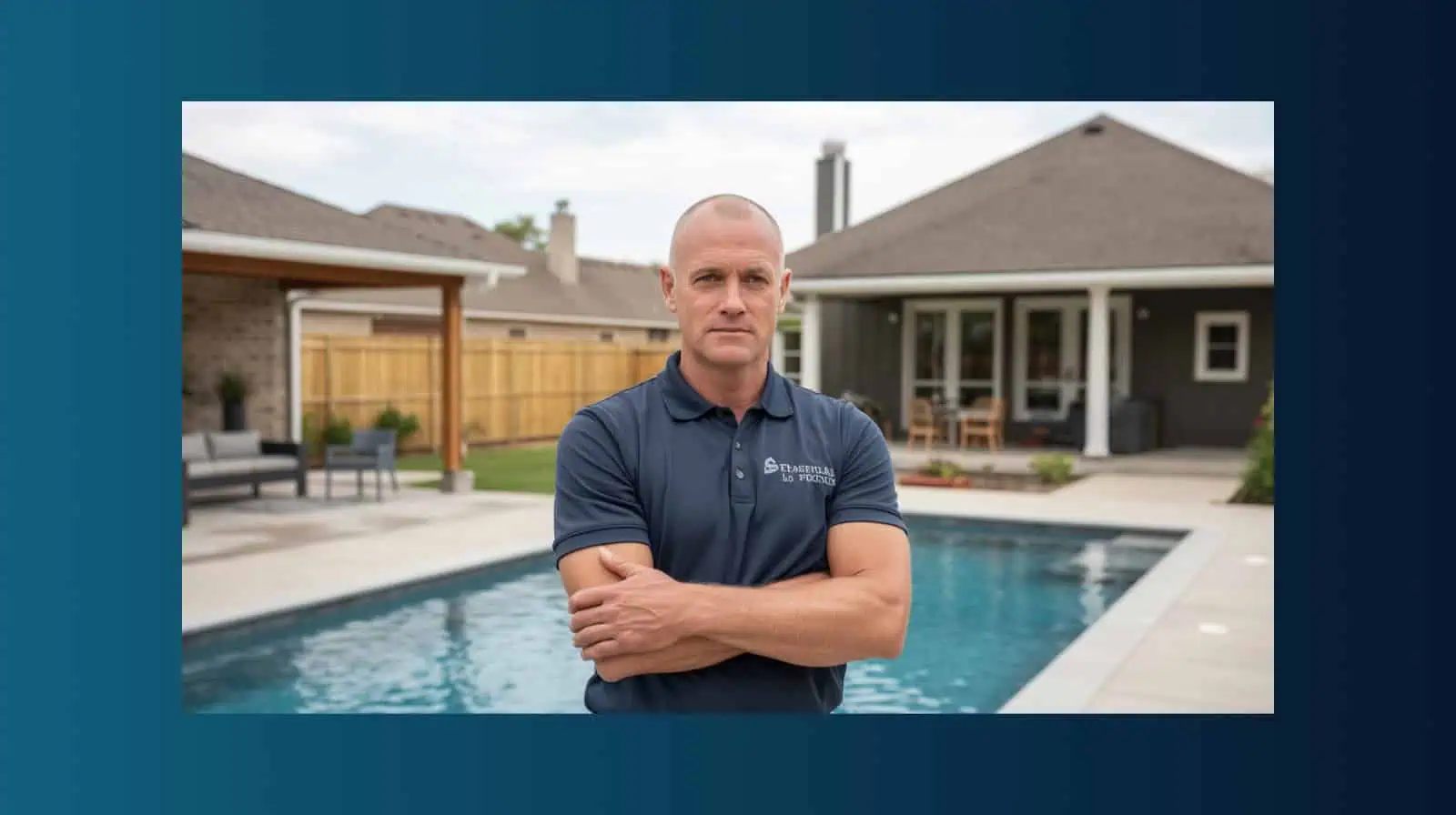 A professional pool and outdoor living contractor standing in a finished residential backyard with a modern pool and patio.