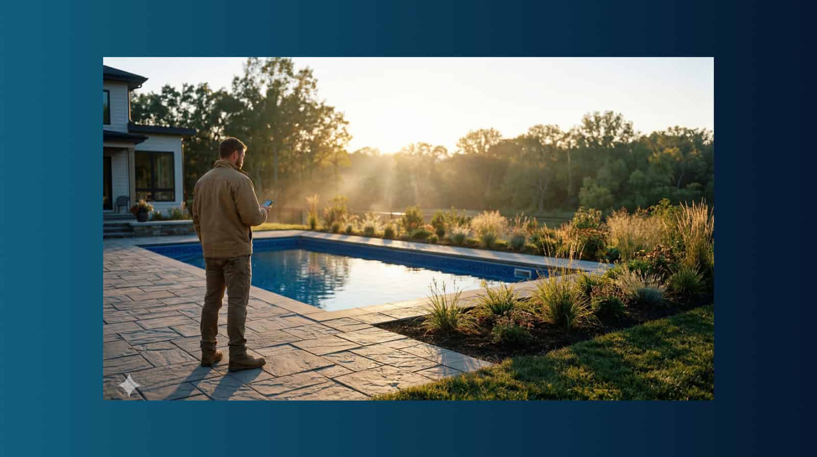 A contractor looking at their phone on a professional-grade finished job site, with the pool clearly visible in the background.