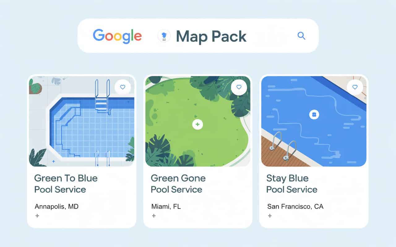 Google Maps Illustration Google Maps style search result showing three local service businesses.