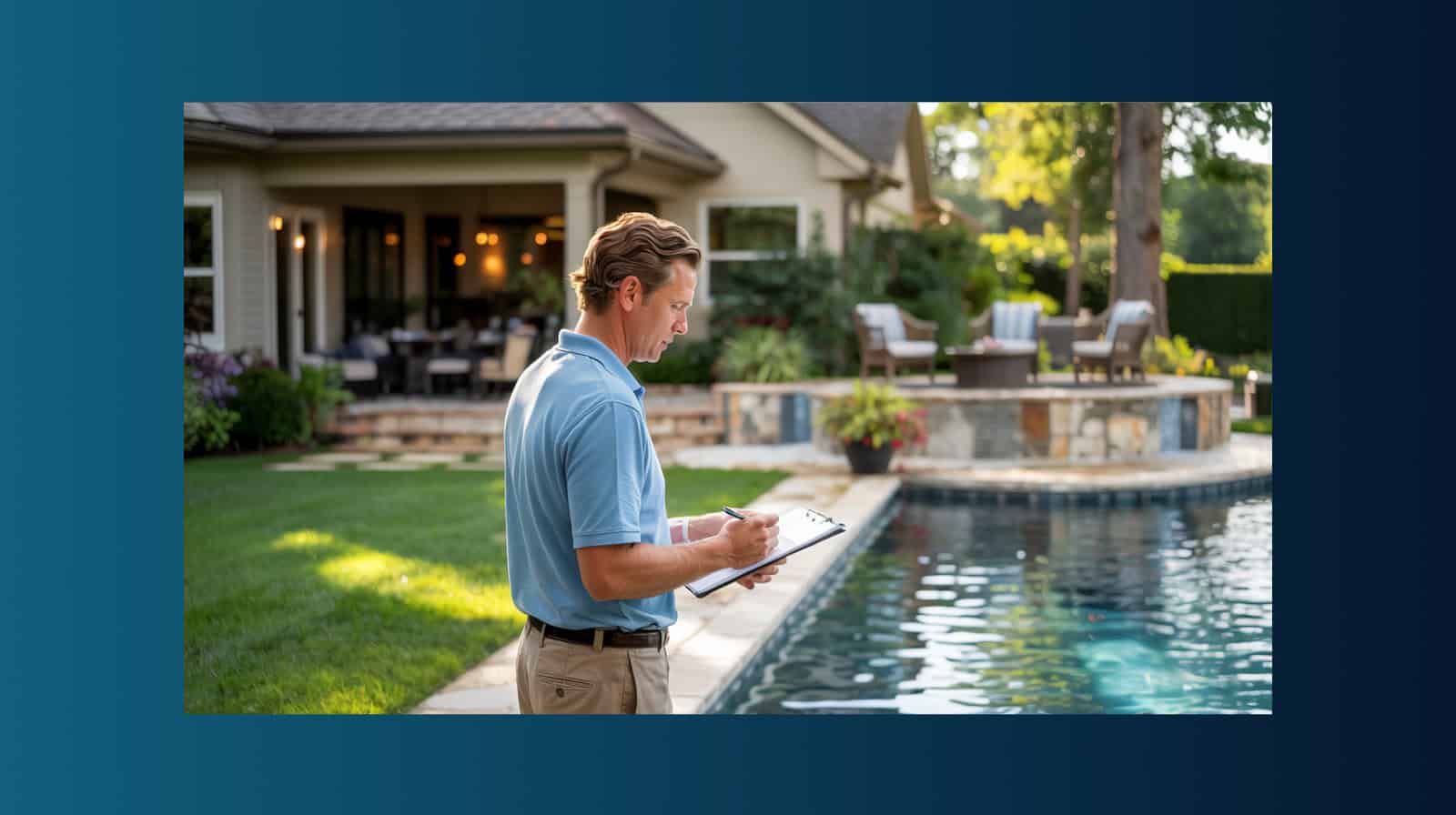 Professional Pool & Landscaping Contractor Professional pool and landscaping contractor reviewing work at a finished residential backyard with pool and patio.