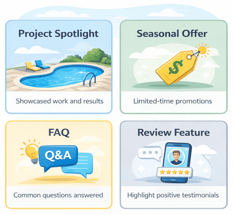 Four types of GBP posts include project spotlight, seasonal offer, faq, and review feature.