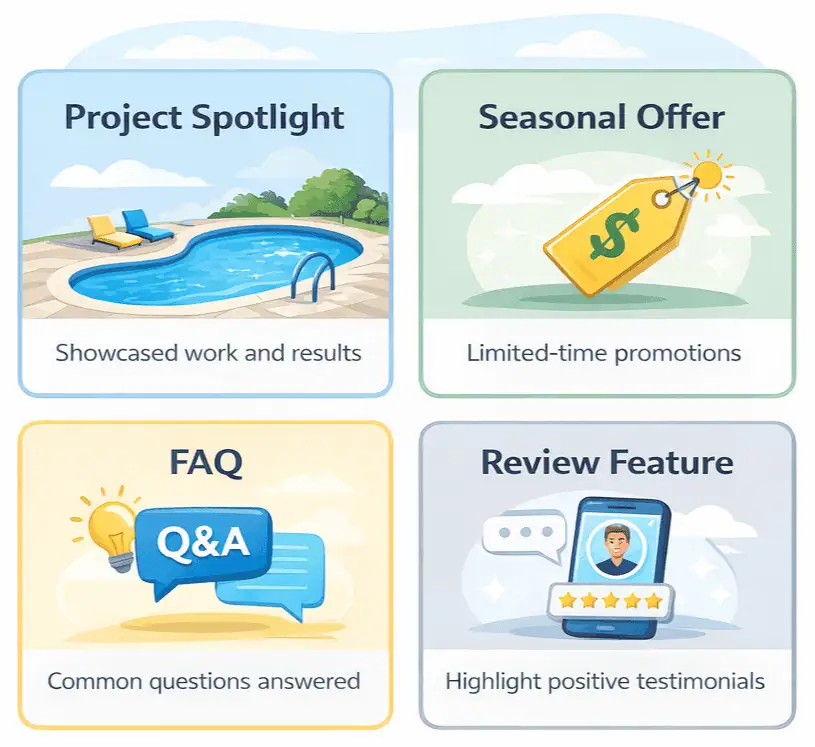 four types of GBP posts Four types of GBP posts include project spotlight, seasonal offer, faq, and review feature.