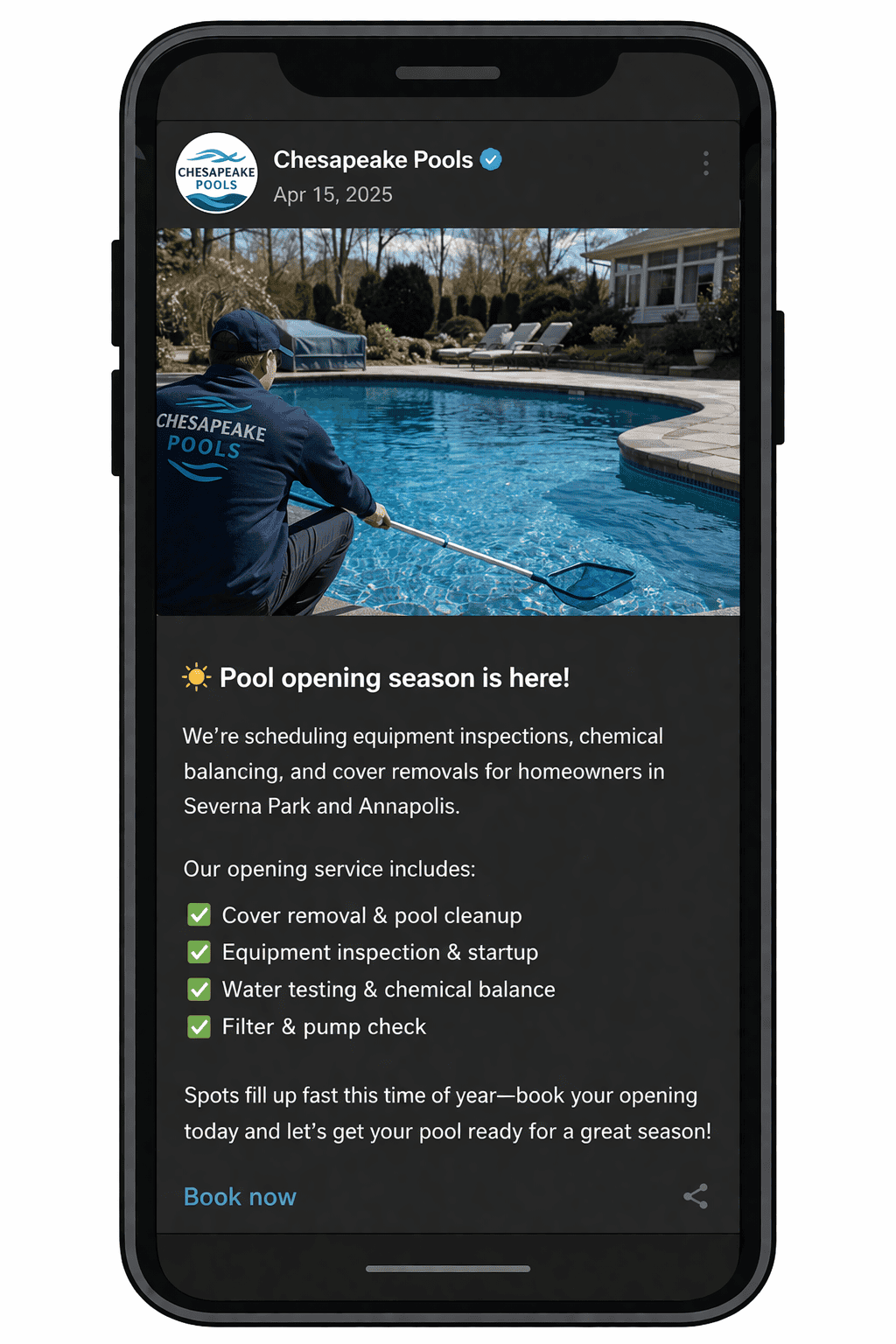 A pool service GBP post on a mobile phone.