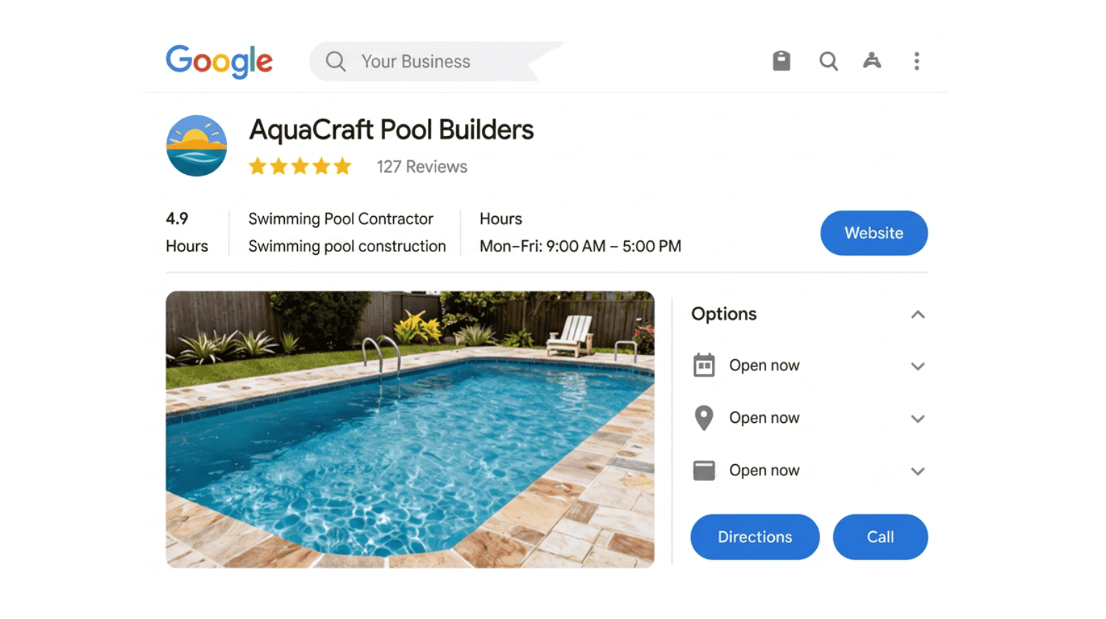 Example of a well-built GBP Complete Google Business Profile for a pool builder.