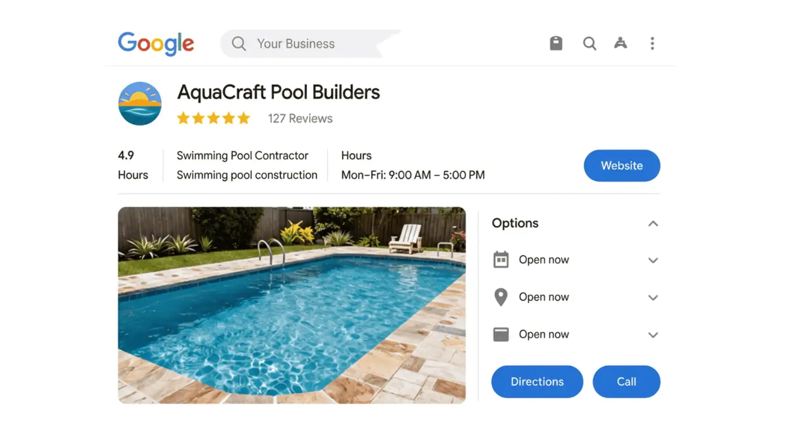 Example of a well-built GBP Complete Google Business Profile for a pool builder.